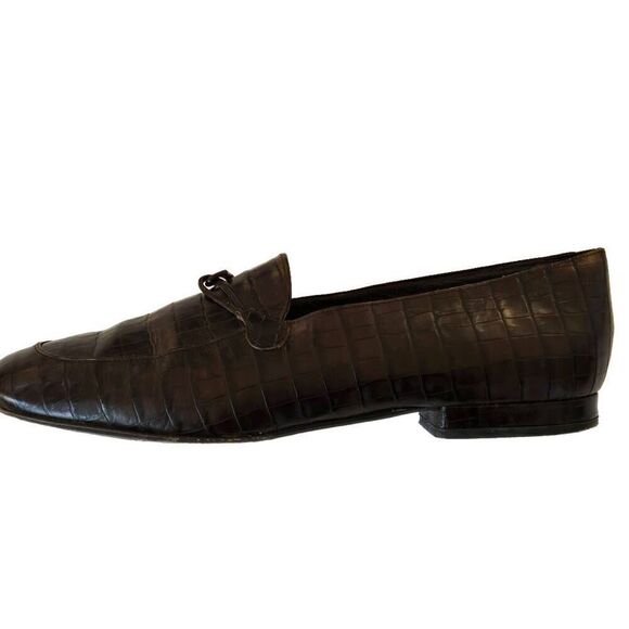 Giorgio Armani Le Collezioni Womens Leather Croc Embossed Loafer Flats Brown 7 - Picture 1 of 13
